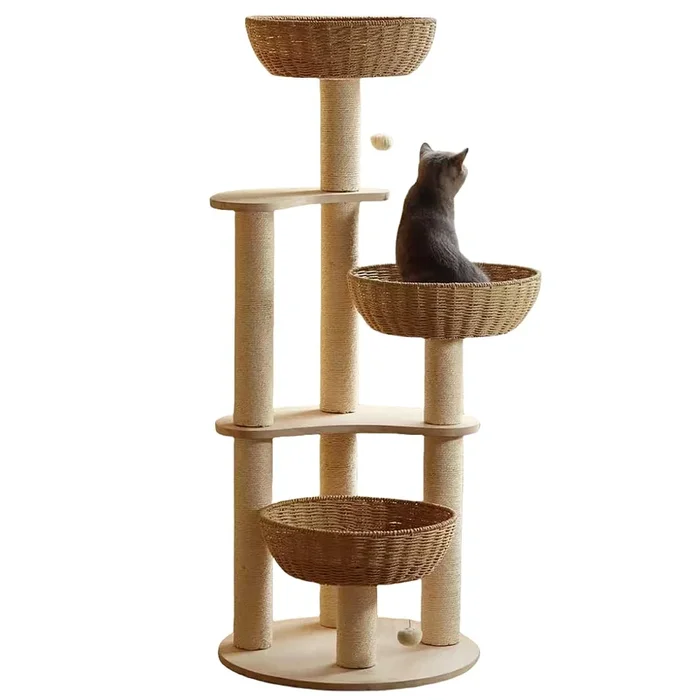 54” Modern Cat Tree For Large Cats, Wood Luxury Multi-Level Oak Solid Wood Cat Trees Cat Towers With 3 Rattan Weaving Cat Nests