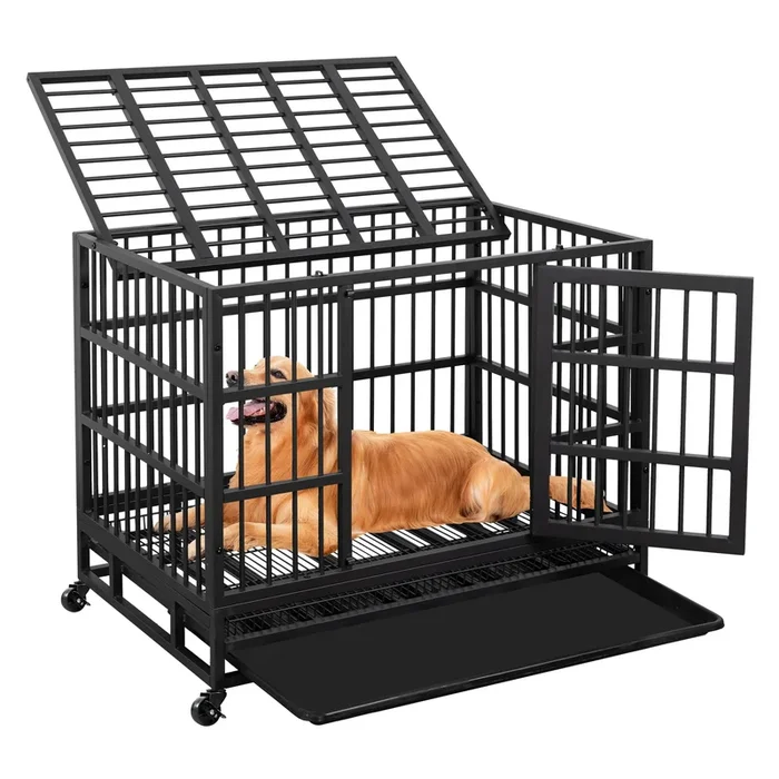 Jy Qaqa 48/38 Inch Heavy Duty Indestructible Dog Crate Double Doors Escape Proof Cage Kennel,Enhanced Metal Pet Cage,Extra Large