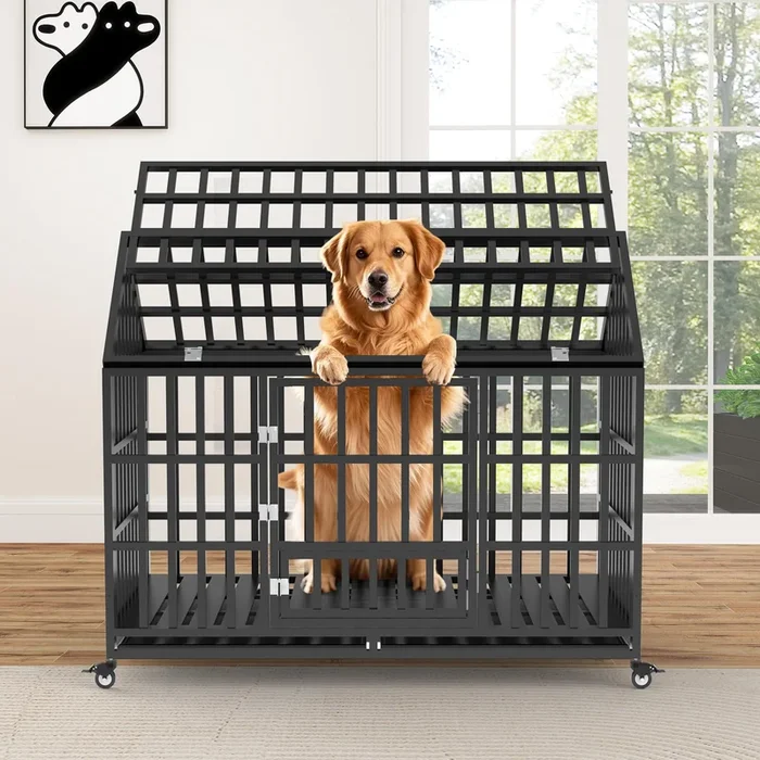 Rovibek 48 Inch Xxl Dog Crate, Heavy Duty Dog Crate With Lockable Wheels, Escape Proof Dogs Cage For Extra Large Dogs, Dog Kenne